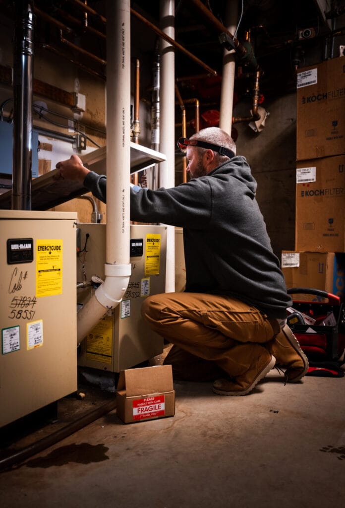 Furnace repair technician inspecting and servicing a residential heating system in a basement.