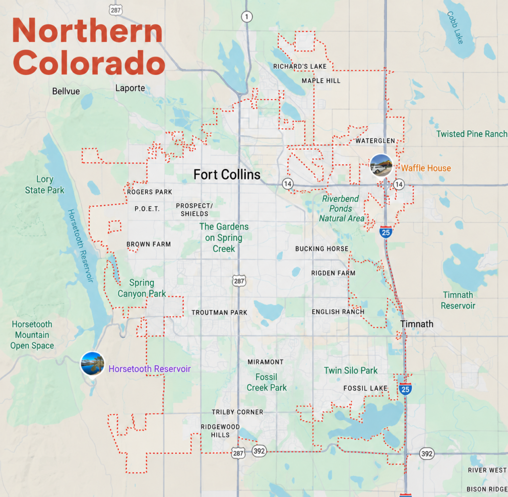 Map of Northern Colorado showing Fort Collins, nearby neighborhoods, parks, reservoirs, and major highways.